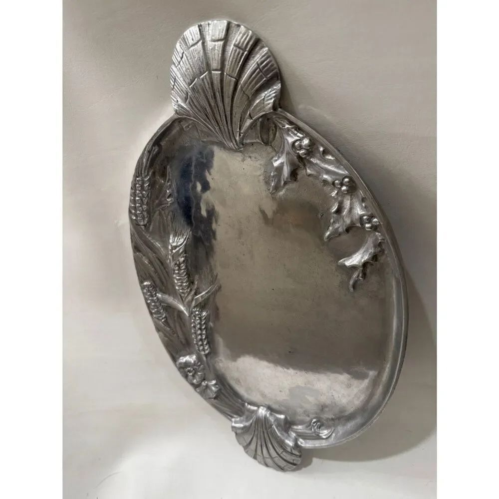 Arthur Court Silver Tone 20 X 12 Shell Holly Wheat Decorative Serving Tray 1986